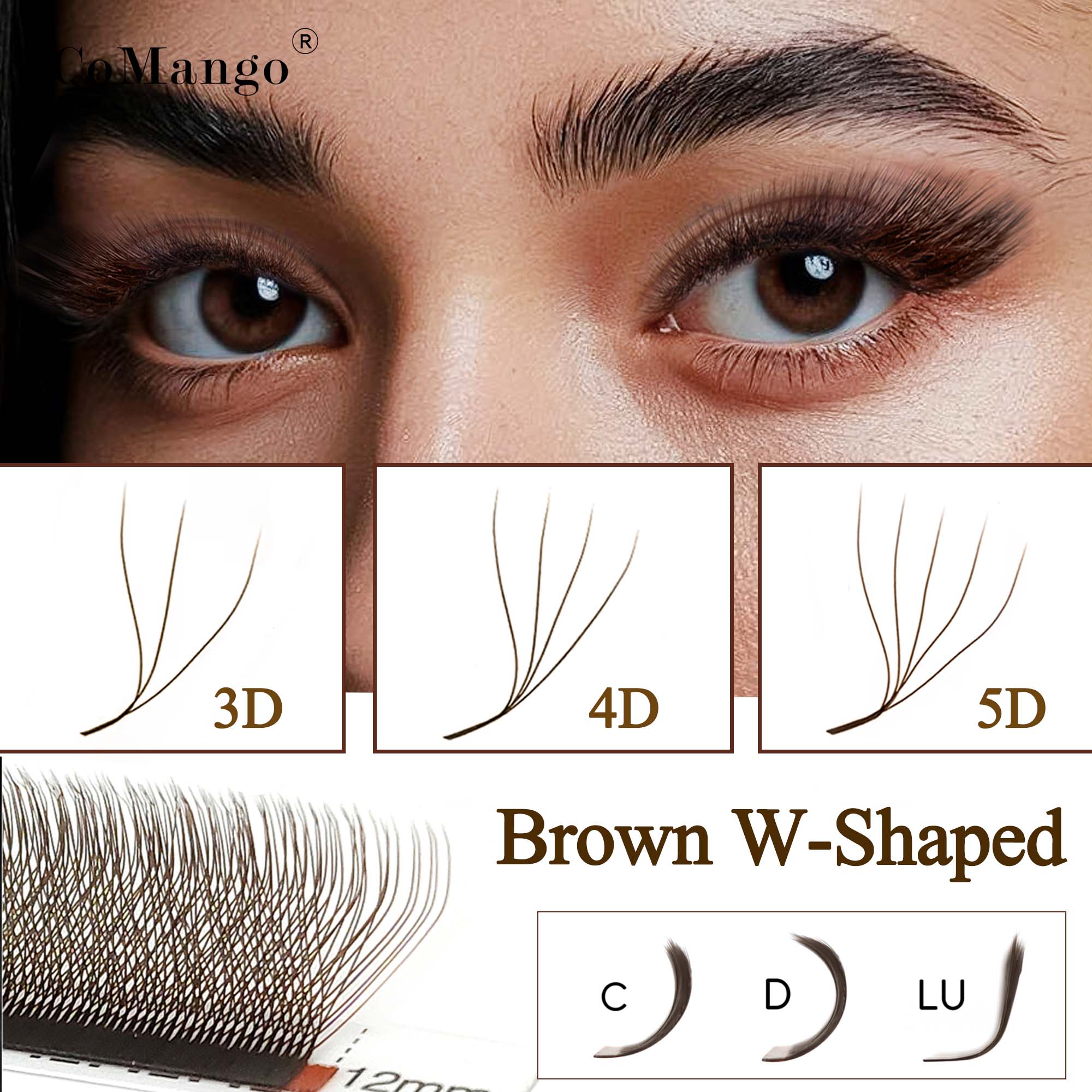 Eyelash Extension Volume Styles - CoMango C/D/LU коричневые 3D/4D/5D ресницы для